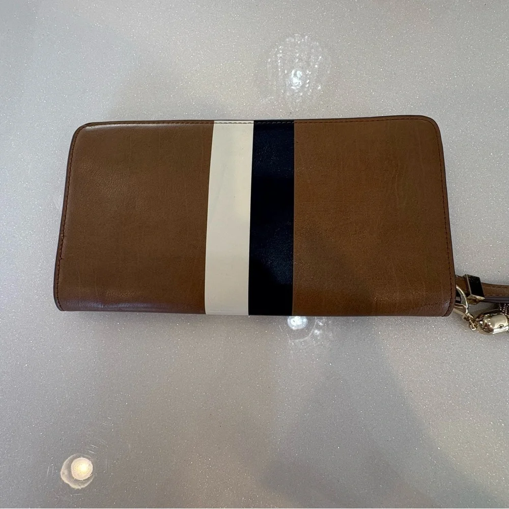 The Limited Tan and Gold Wallet Wristlet Clutch Gold Tassle Chain Beige striped